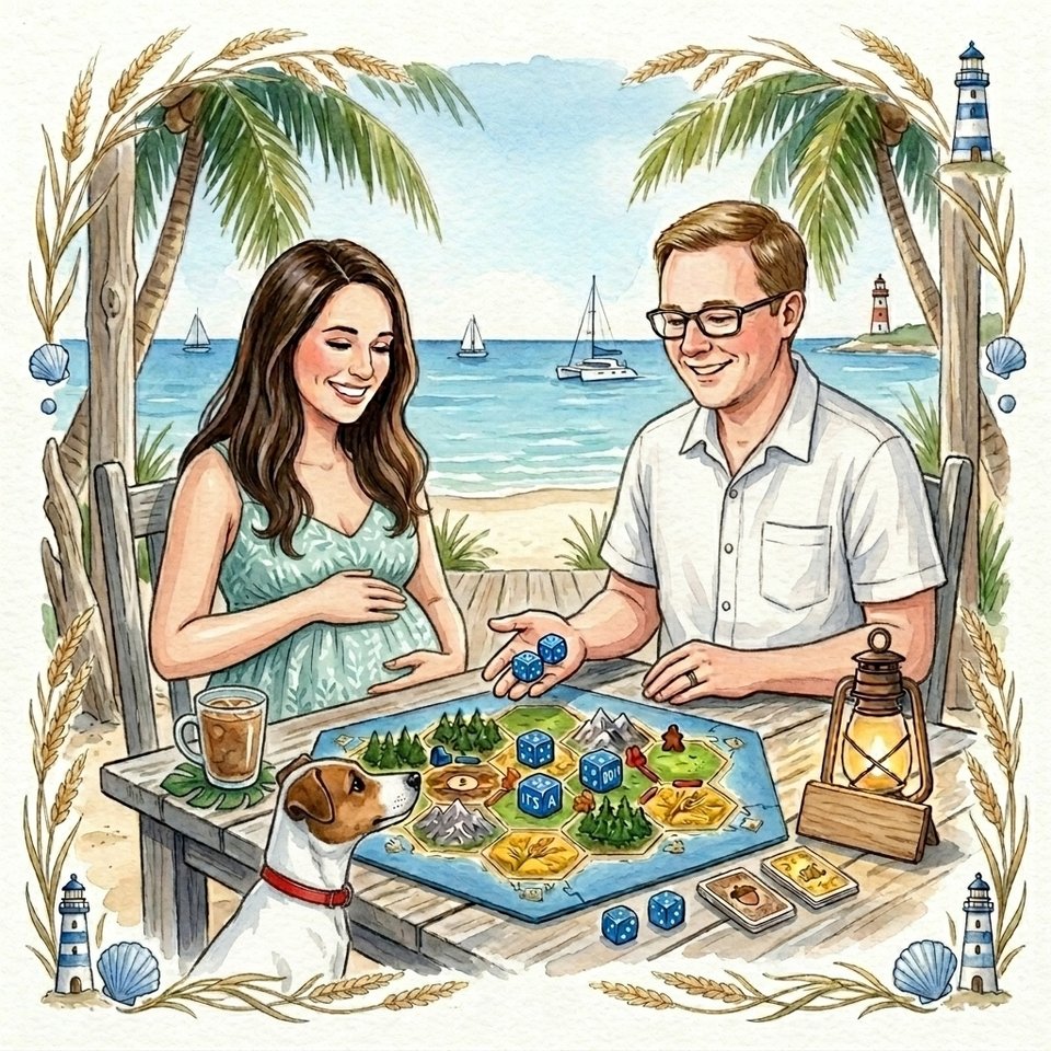 A watercolor illustration of Kelly and Christian playing a hexagon board game at a beach table with their dog, the ocean and a lighthouse behind them